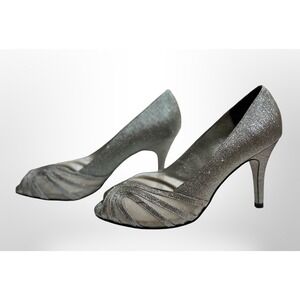Adrianna Papell Silver Glitter Peep Toe Heels Mesh Formal Wedding Pumps Sz 8.5 M